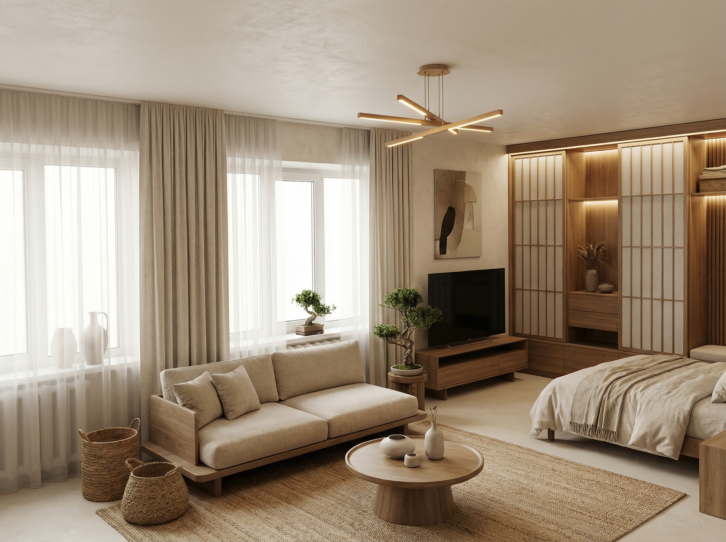 Дизайн гостиной в стиле Japandi — фото интерьера от нейросети RoomGPT