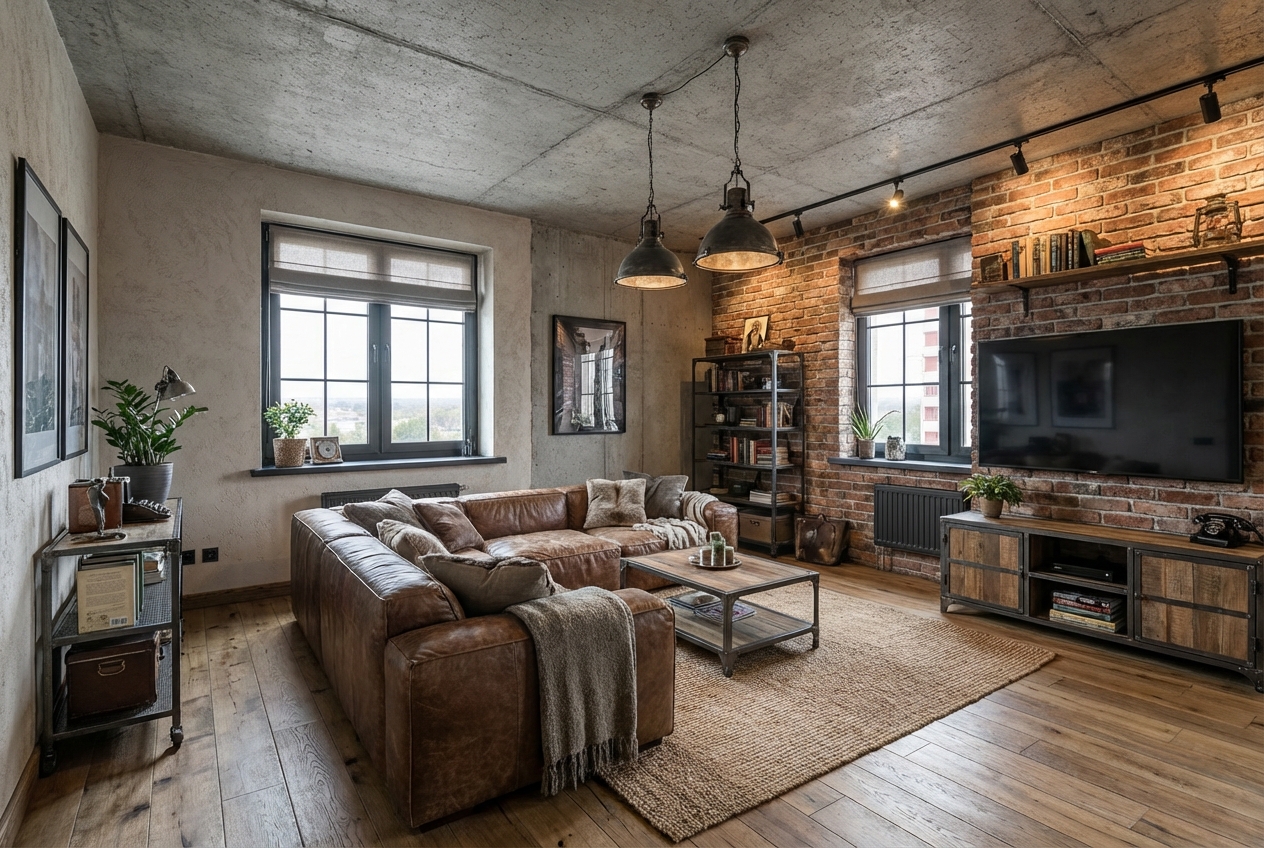 Дизайн гостиной в стиле Лофт — фото интерьера от нейросети RoomGPT