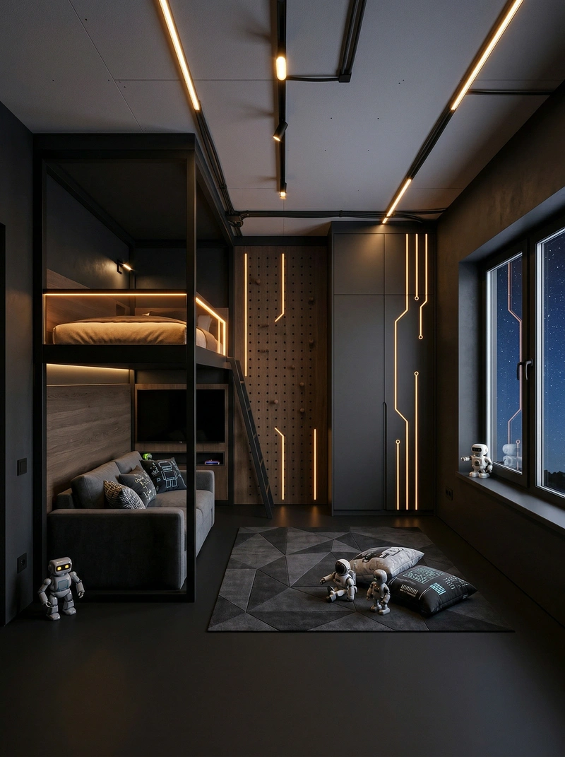 Дизайн детской в стиле Блэктэк — фото интерьера от нейросети RoomGPT