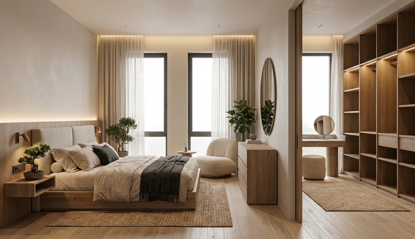 Дизайн спальни в стиле Japandi — фото интерьера от нейросети RoomGPT