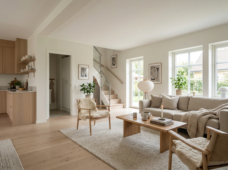 Дизайн гостиной в стиле Хюгге — фото интерьера от нейросети RoomGPT