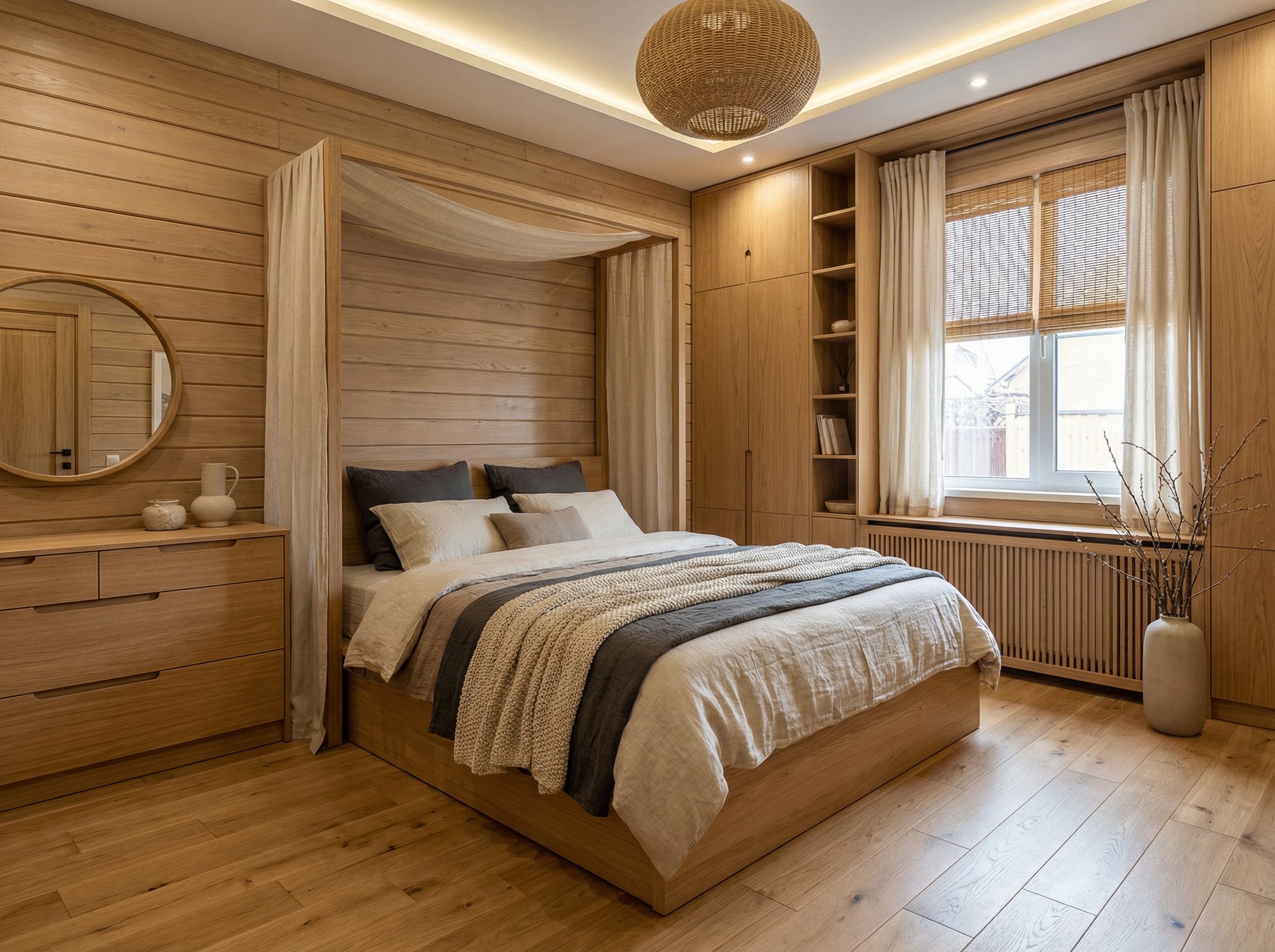 Дизайн спальни в стиле Japandi — фото интерьера от нейросети RoomGPT