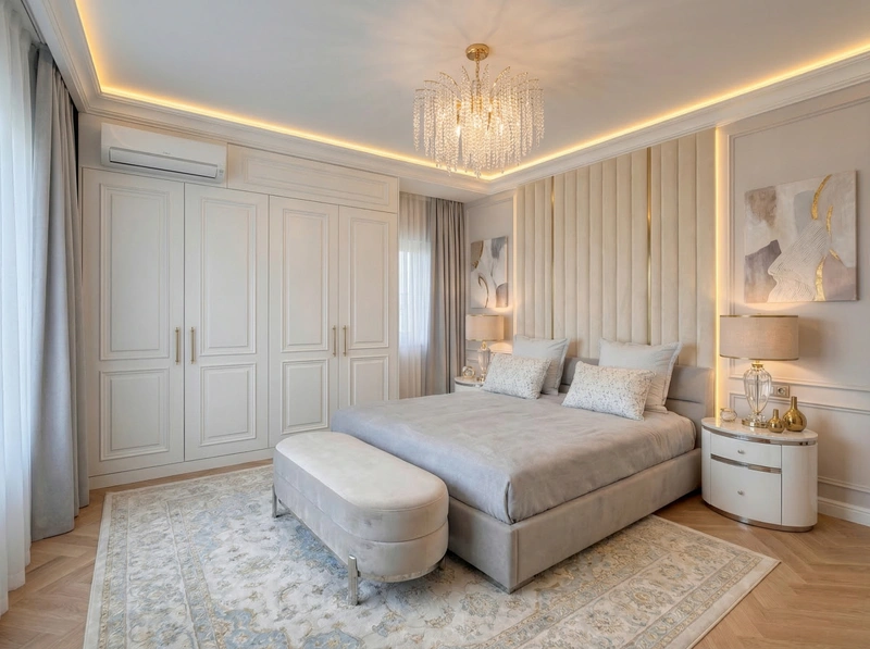 Дизайн спальни в стиле Неоклассика — фото интерьера от нейросети RoomGPT