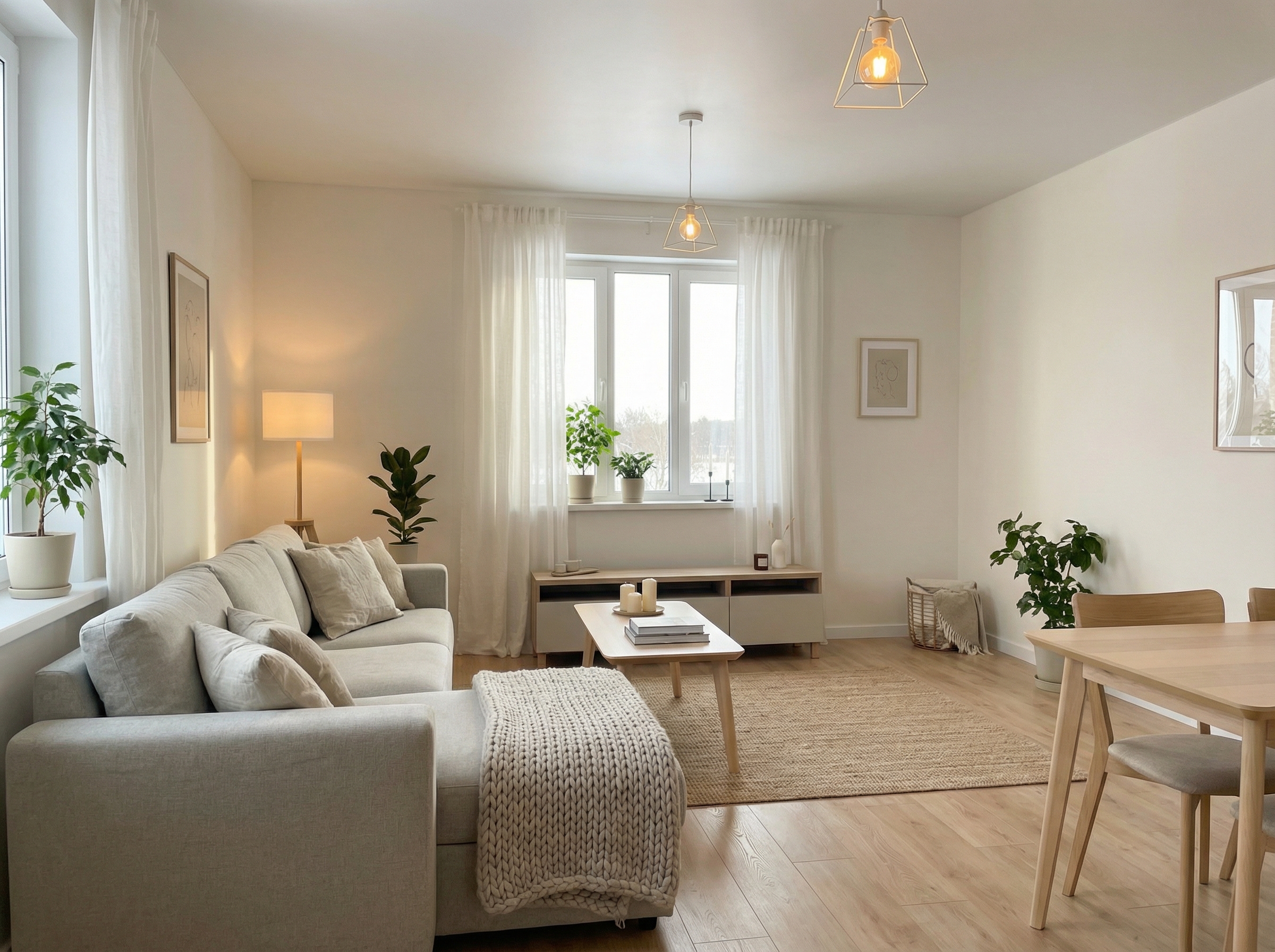 Дизайн гостиной в стиле Хюгге — фото интерьера от нейросети RoomGPT