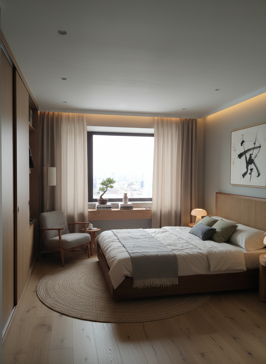 Дизайн спальни в стиле Japandi — фото интерьера от нейросети RoomGPT