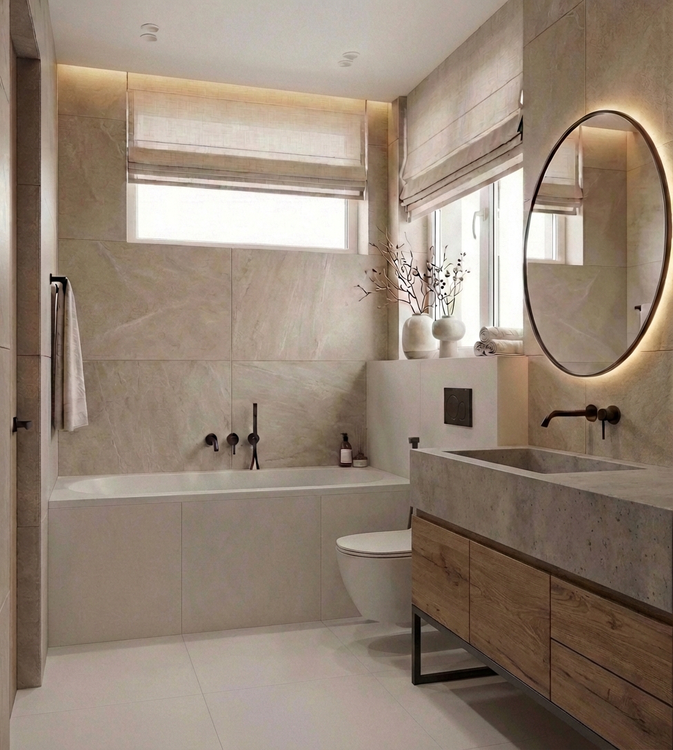 Дизайн ванной в стиле Japandi — фото интерьера от нейросети RoomGPT