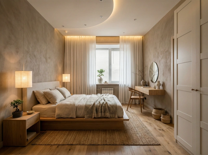 Дизайн спальни в стиле Japandi — фото интерьера от нейросети RoomGPT