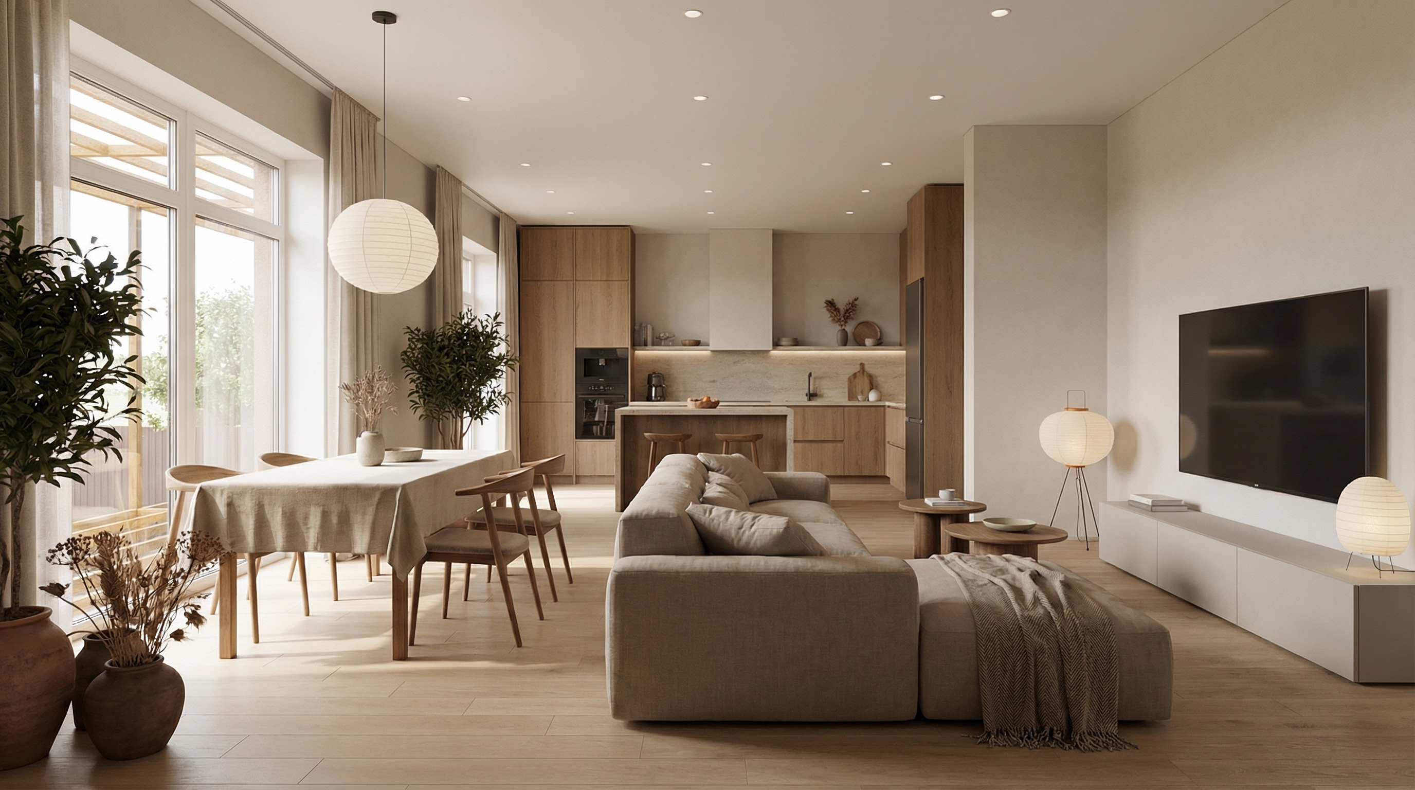 Дизайн гостиной в стиле Japandi — фото интерьера от нейросети RoomGPT