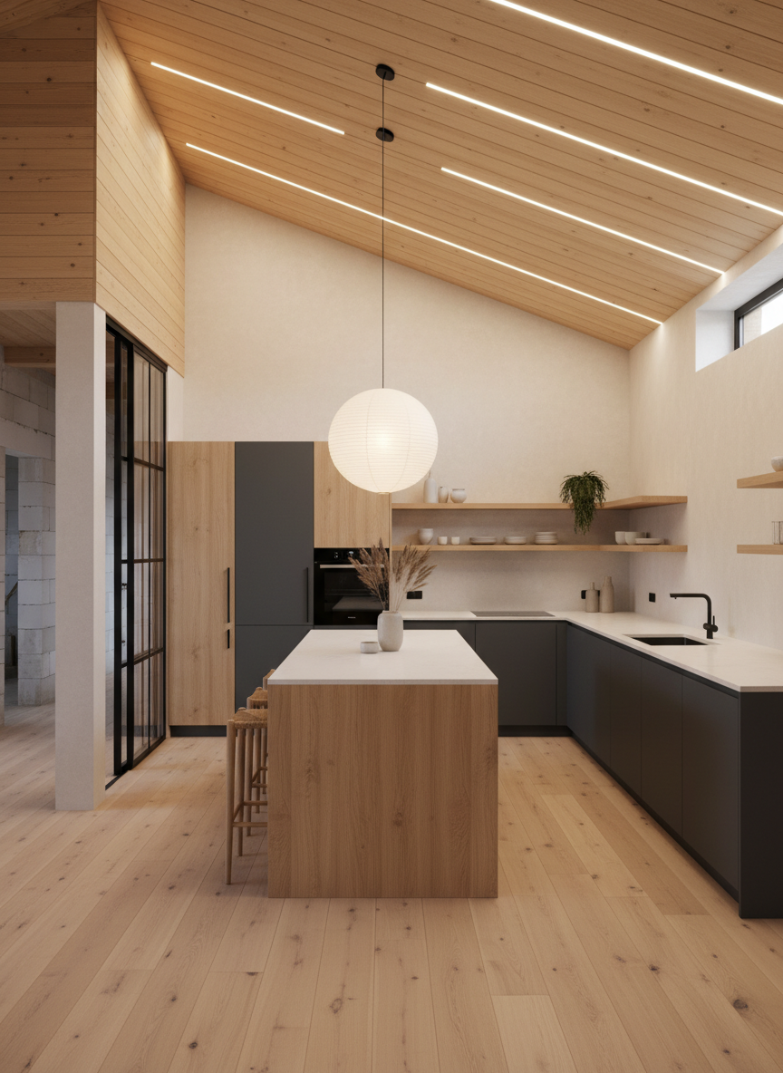 Дизайн кухни в стиле Japandi — фото интерьера от нейросети RoomGPT