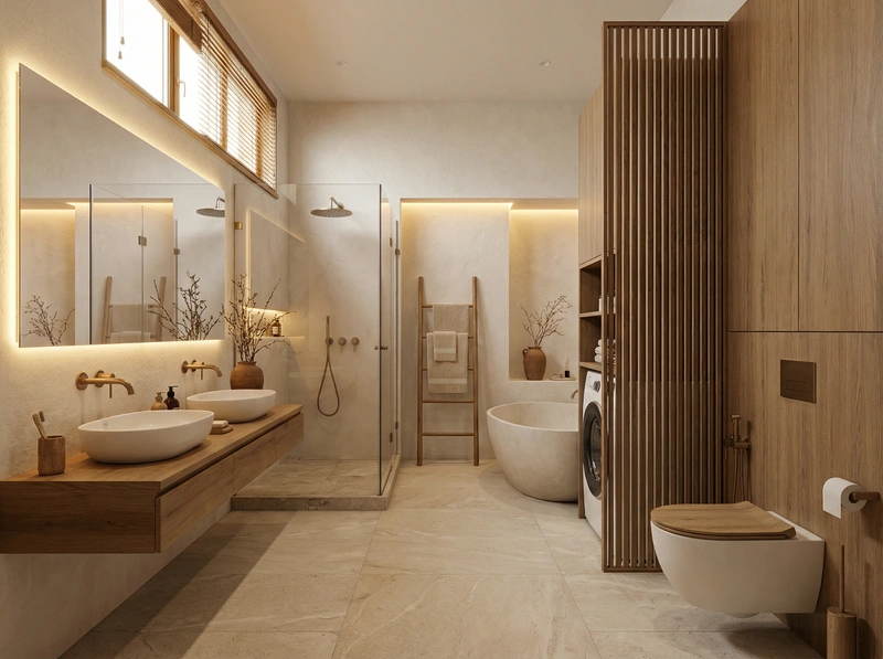 Дизайн ванной в стиле Japandi — фото интерьера от нейросети RoomGPT