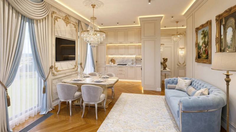 Дизайн гостиной в стиле Неоклассика — фото интерьера от нейросети RoomGPT