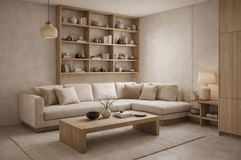 Дизайн гостиной в стиле Japandi — фото интерьера от нейросети RoomGPT