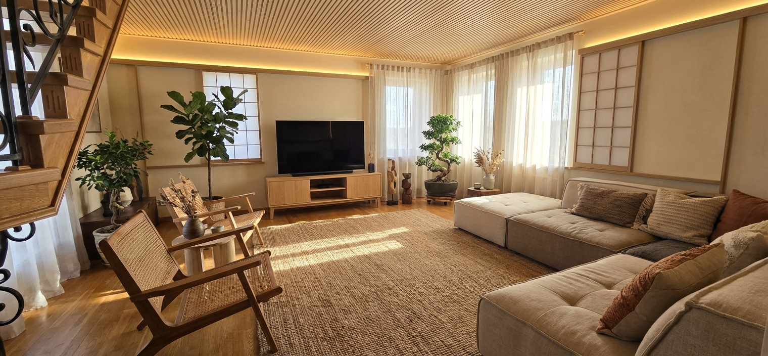 Дизайн гостиной в стиле Japandi — фото интерьера от нейросети RoomGPT