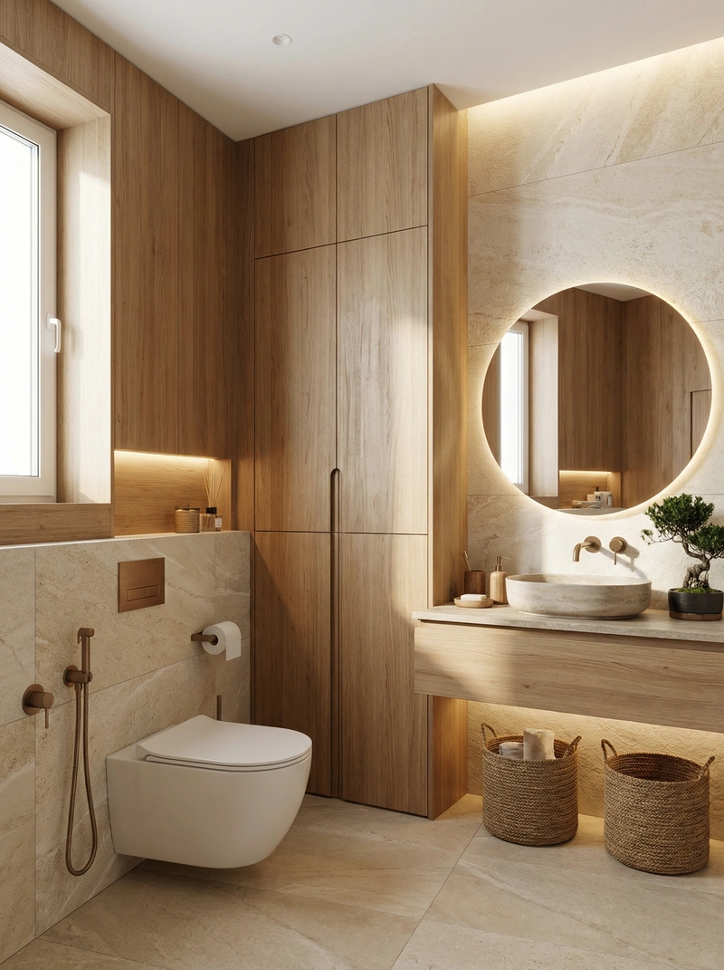 Дизайн ванной в стиле Japandi — фото интерьера от нейросети RoomGPT