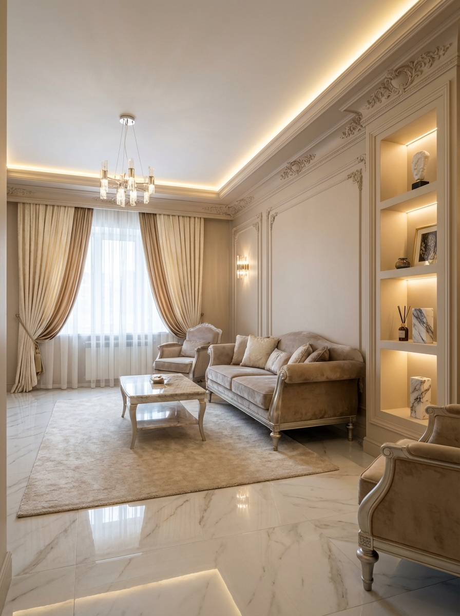 Дизайн гостиной в стиле Классика — фото интерьера от нейросети RoomGPT