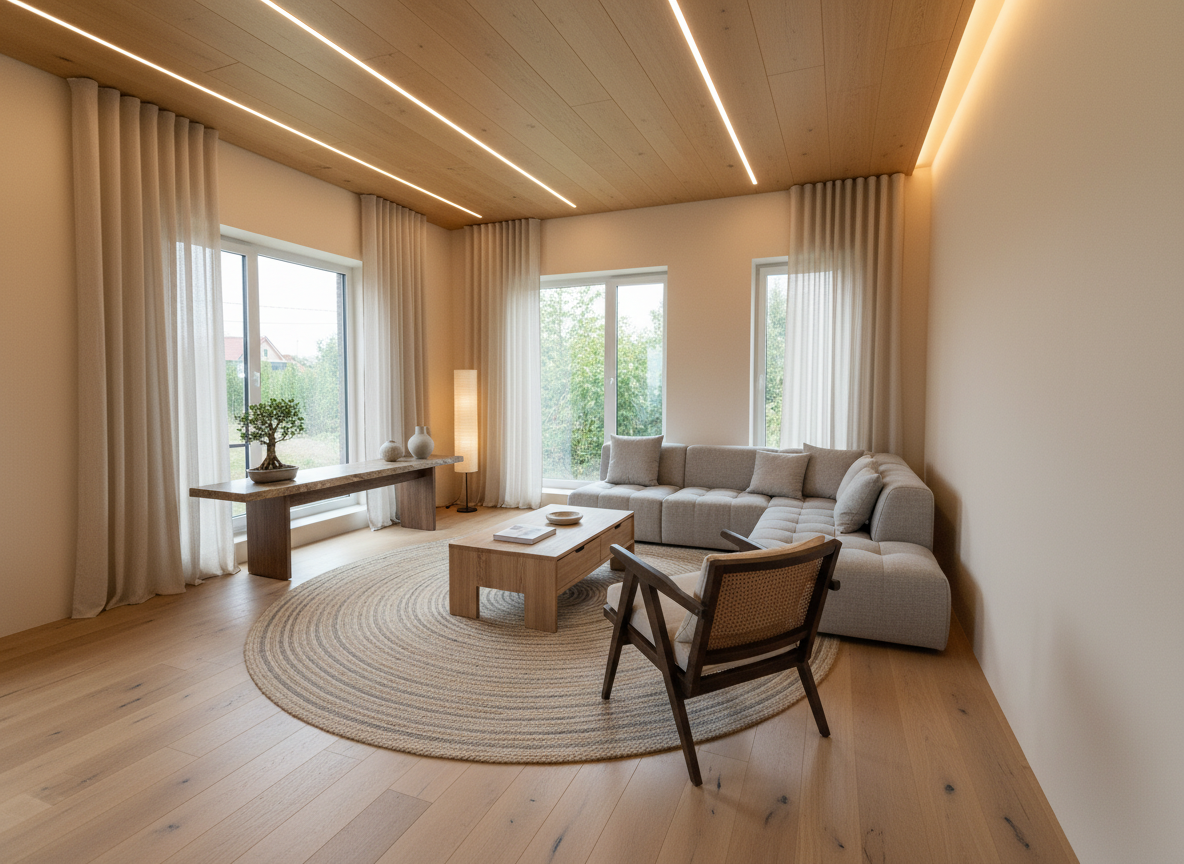 Дизайн гостиной в стиле Japandi — фото интерьера от нейросети RoomGPT