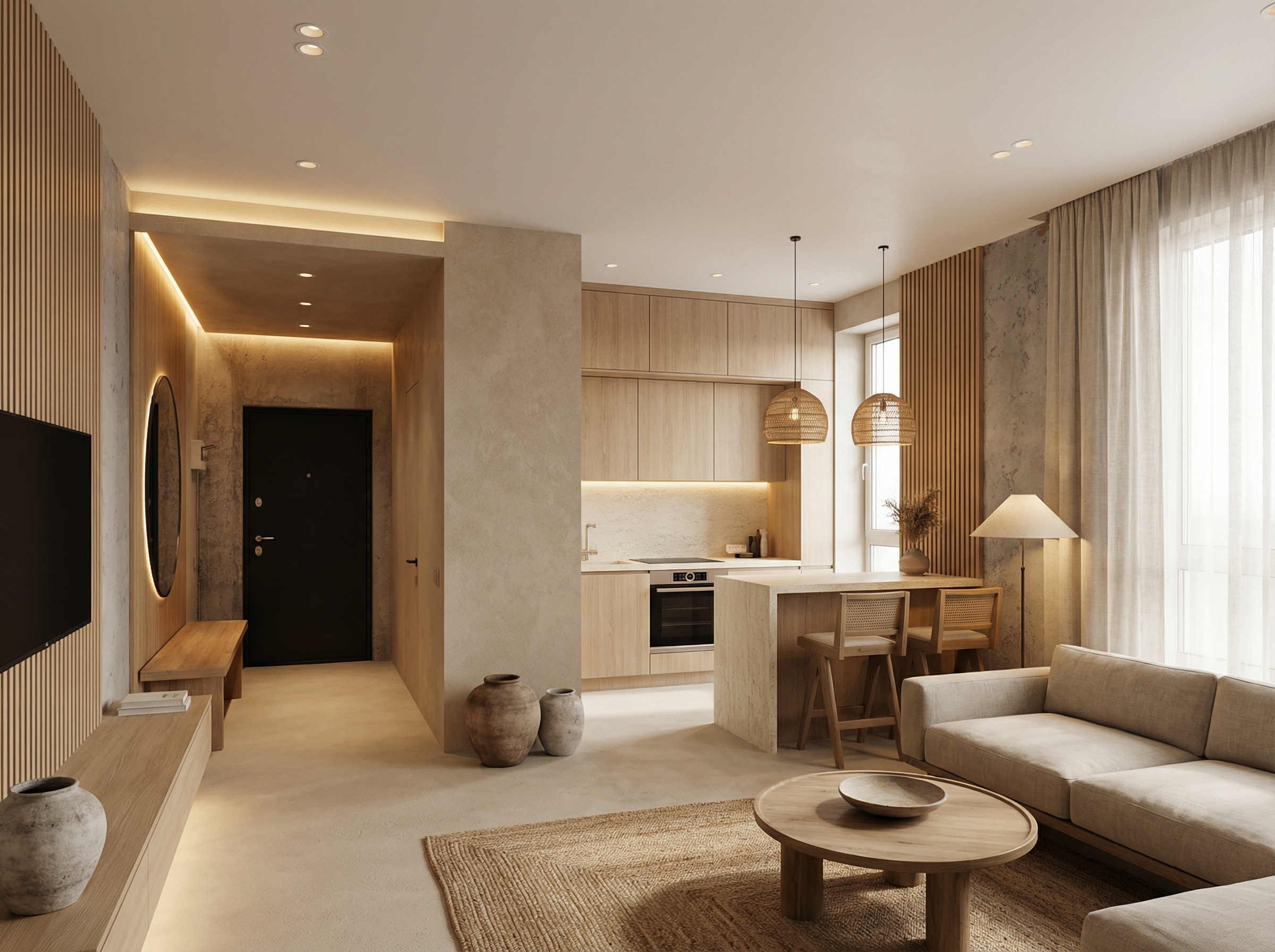 Дизайн гостиной в стиле Japandi — фото интерьера от нейросети RoomGPT