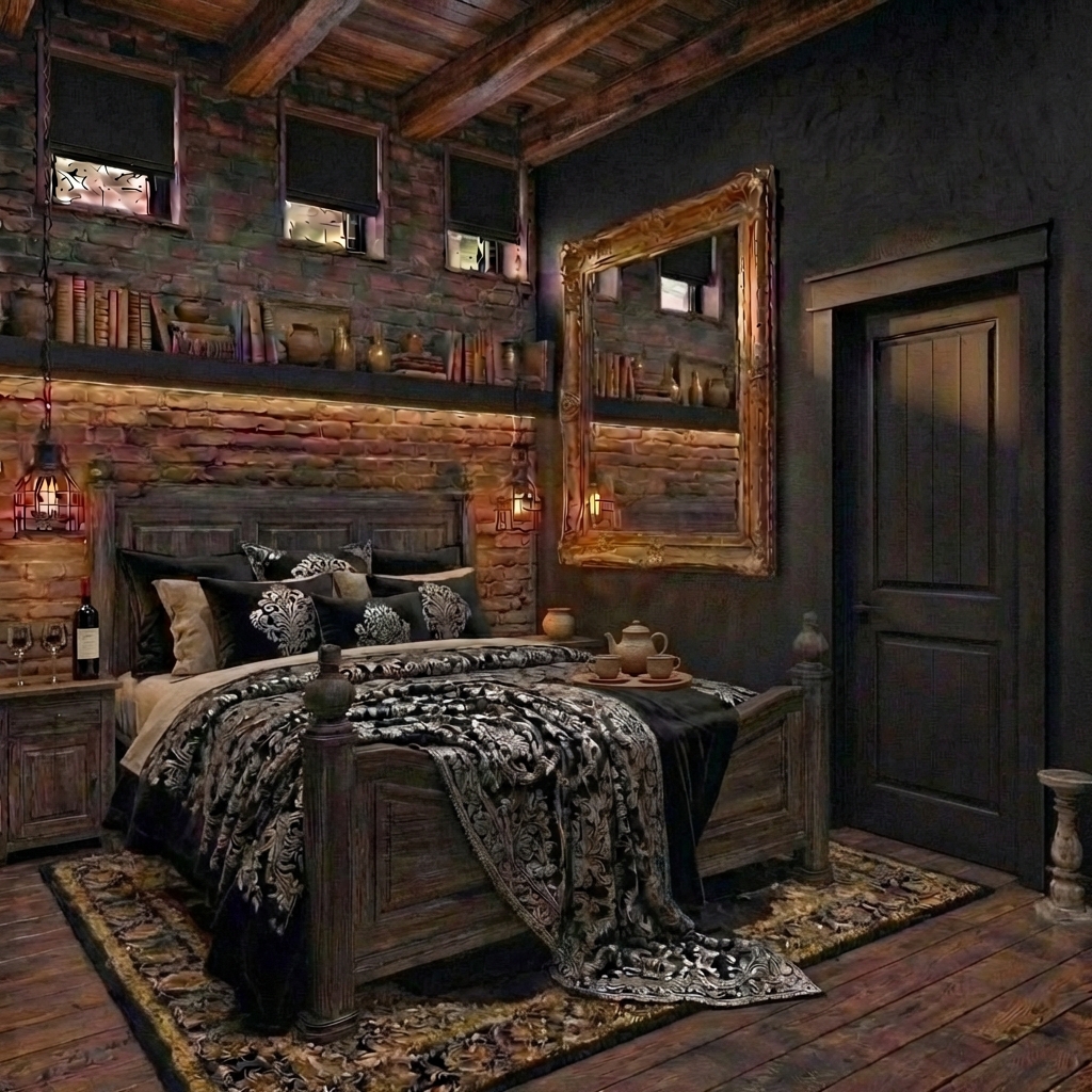 Дизайн спальни в стиле Блэктэк — фото интерьера от нейросети RoomGPT