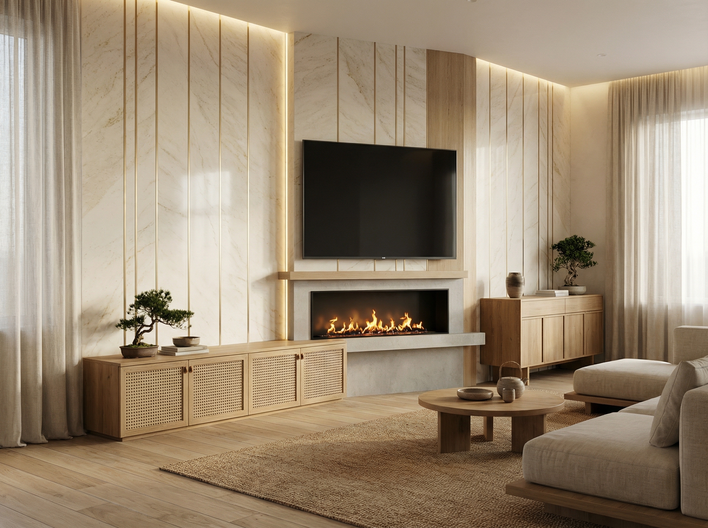 Дизайн гостиной в стиле Japandi — фото интерьера от нейросети RoomGPT