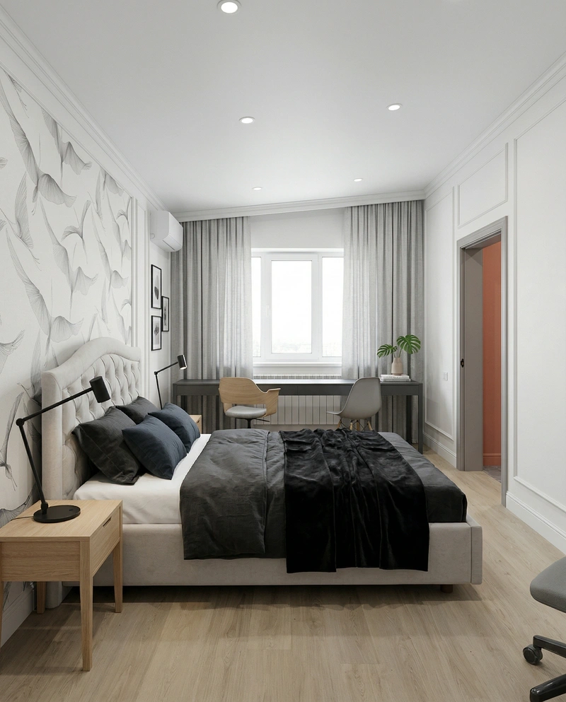 Дизайн спальни в стиле Сканди — фото интерьера от нейросети RoomGPT