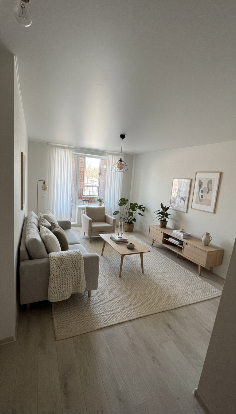 Дизайн гостиной в стиле Хюгге — фото интерьера от нейросети RoomGPT