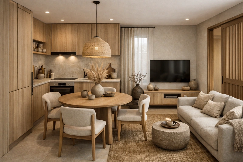 Дизайн кухни в стиле Japandi — фото интерьера от нейросети RoomGPT