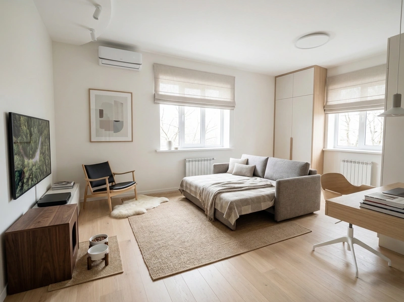 Дизайн спальни в стиле Сканди — фото интерьера от нейросети RoomGPT