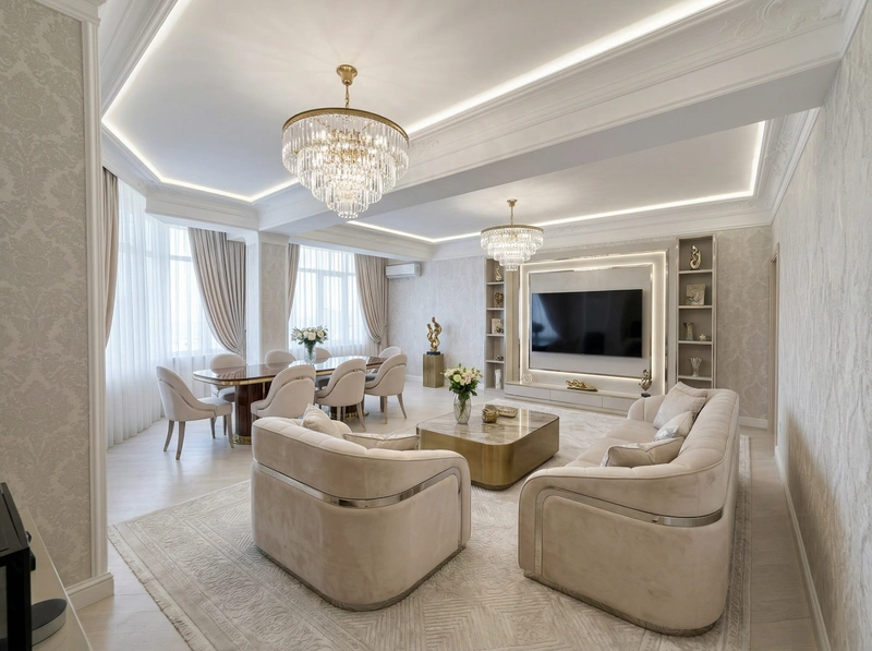 Дизайн гостиной в стиле Неоклассика — фото интерьера от нейросети RoomGPT