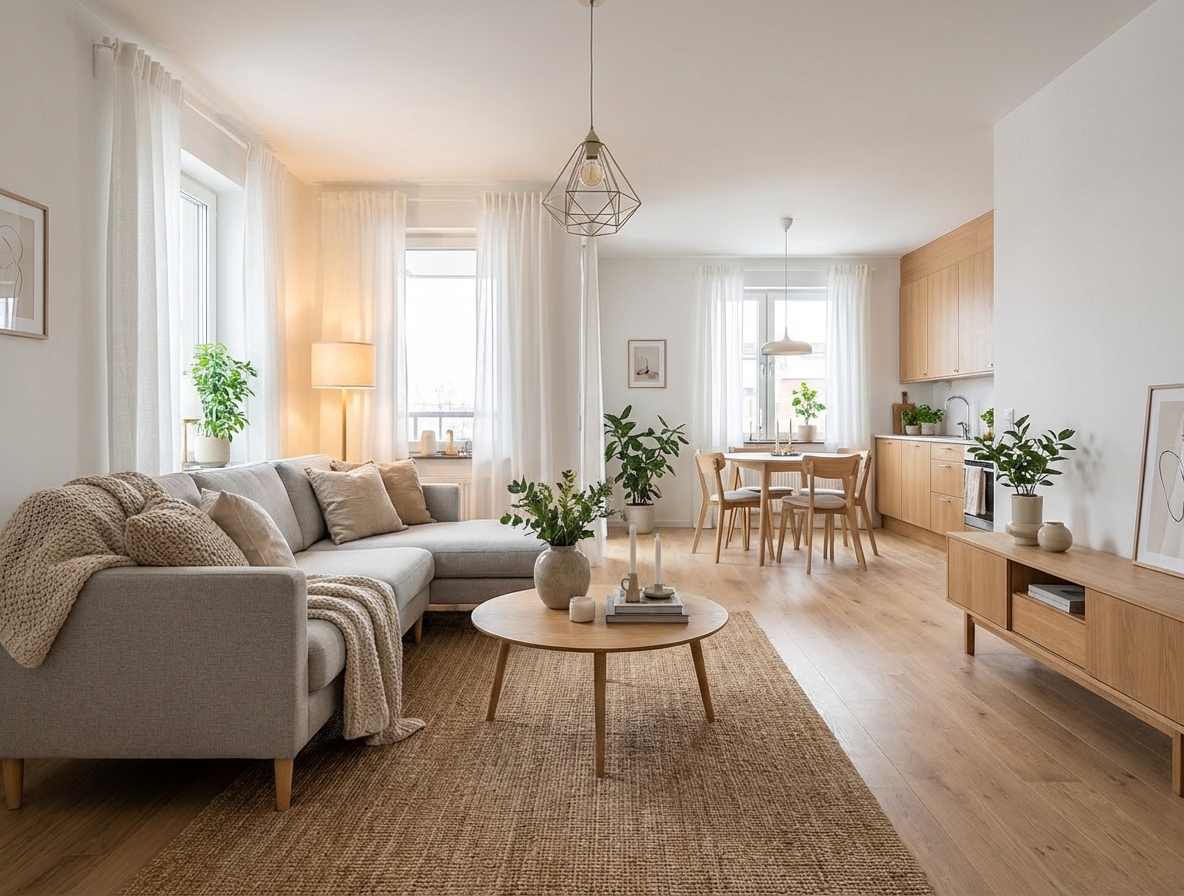 Дизайн гостиной в стиле Хюгге — фото интерьера от нейросети RoomGPT