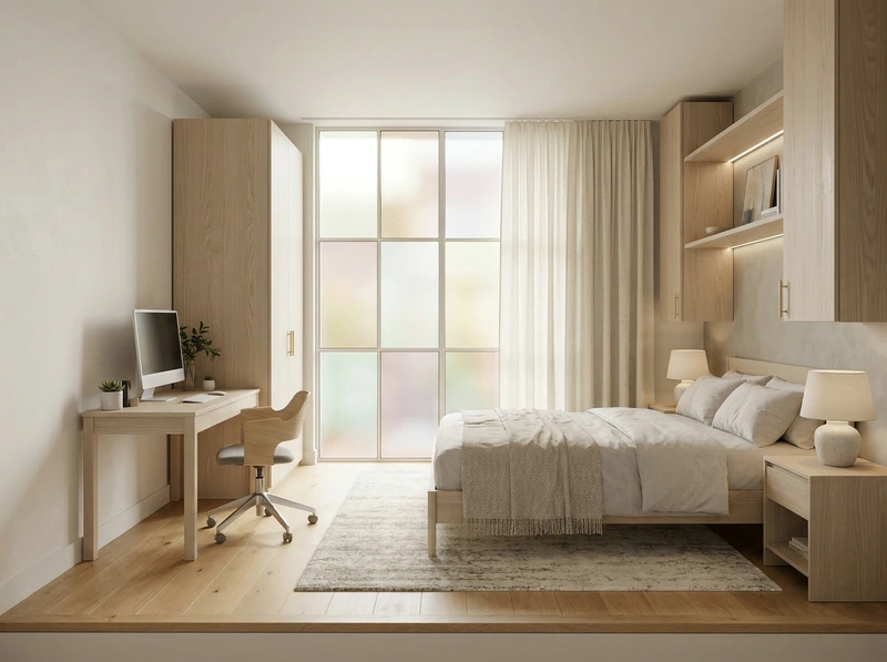 Дизайн спальни в стиле Сканди — фото интерьера от нейросети RoomGPT