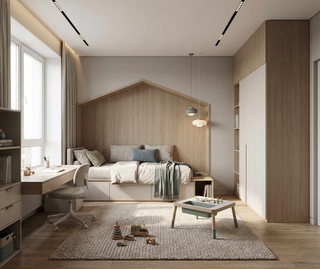 Дизайн детской в стиле Минимализм — фото интерьера от нейросети RoomGPT