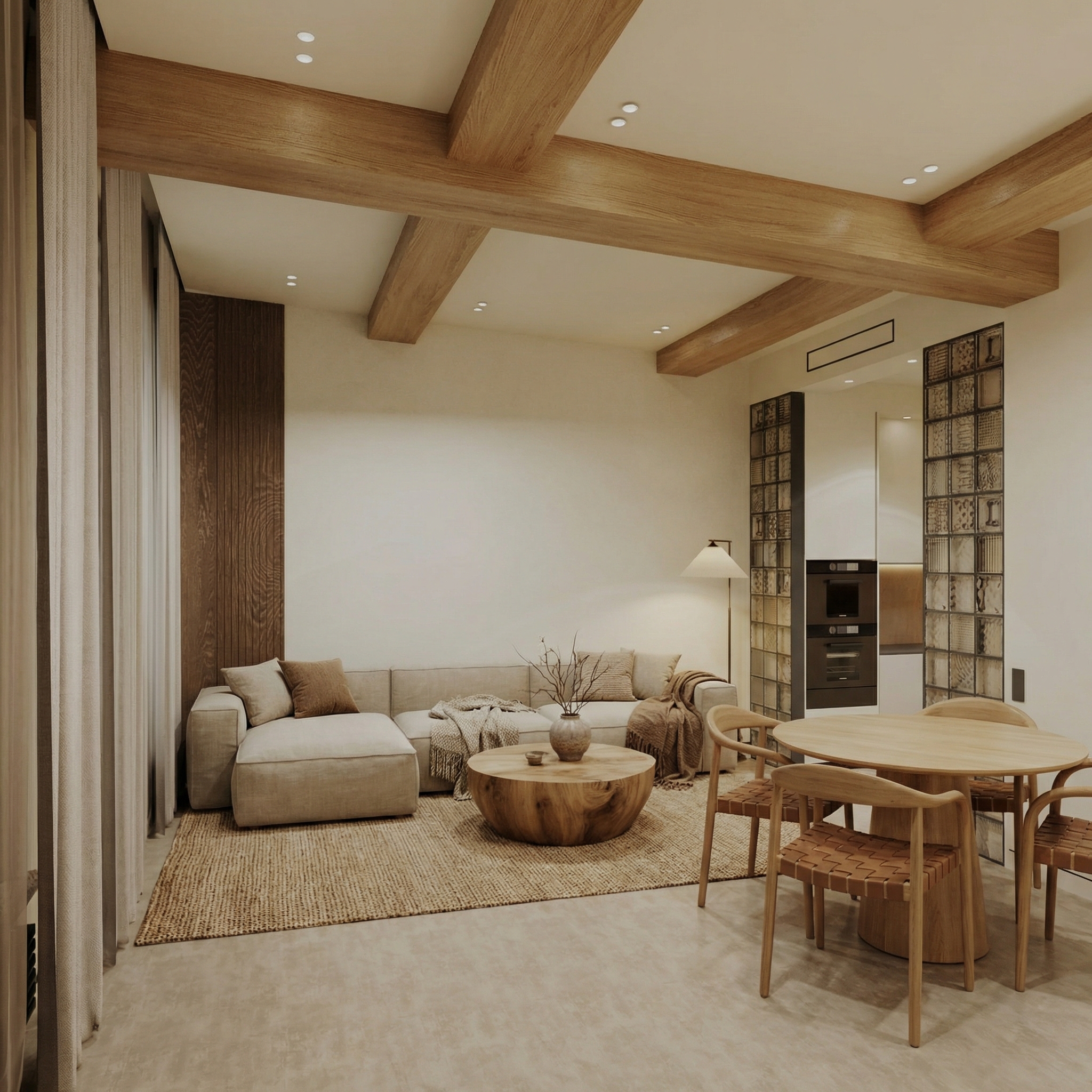 Дизайн гостиной в стиле Japandi — фото интерьера от нейросети RoomGPT