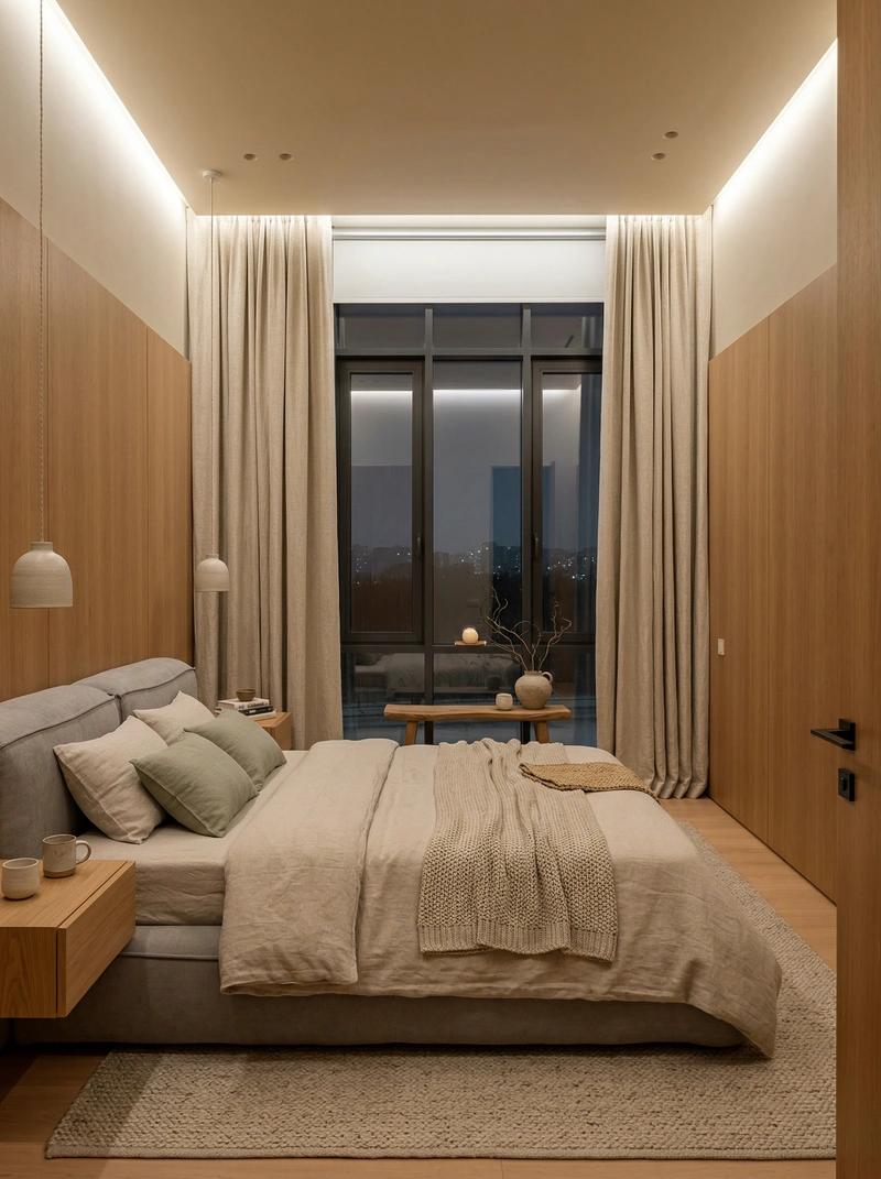 Дизайн спальни в стиле Japandi — фото интерьера от нейросети RoomGPT