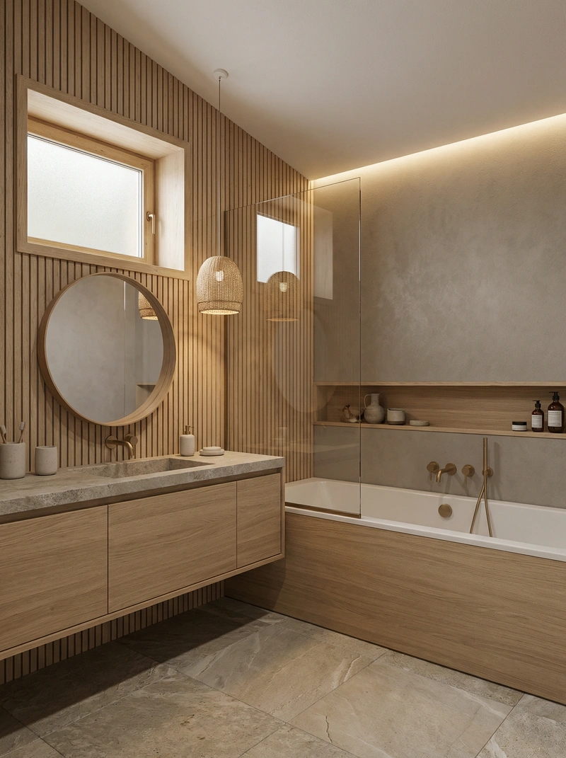 Дизайн ванной в стиле Japandi — фото интерьера от нейросети RoomGPT