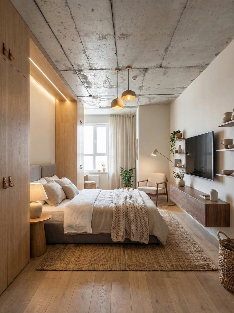 Дизайн спальни в стиле Сканди — фото интерьера от нейросети RoomGPT