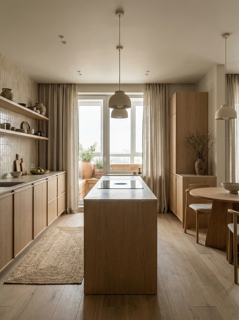 Дизайн кухни в стиле Japandi — фото интерьера от нейросети RoomGPT