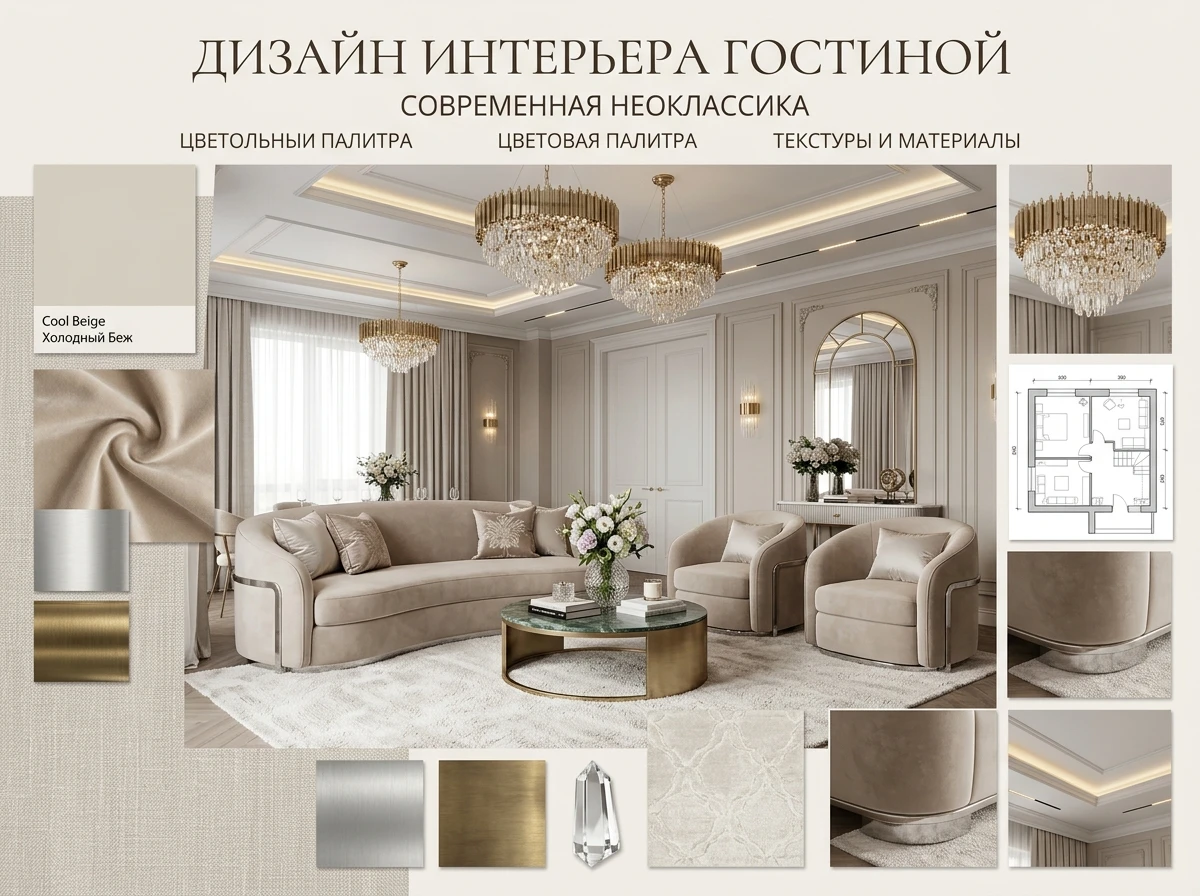 Дизайн гостиной в стиле Неоклассика — фото интерьера от нейросети RoomGPT