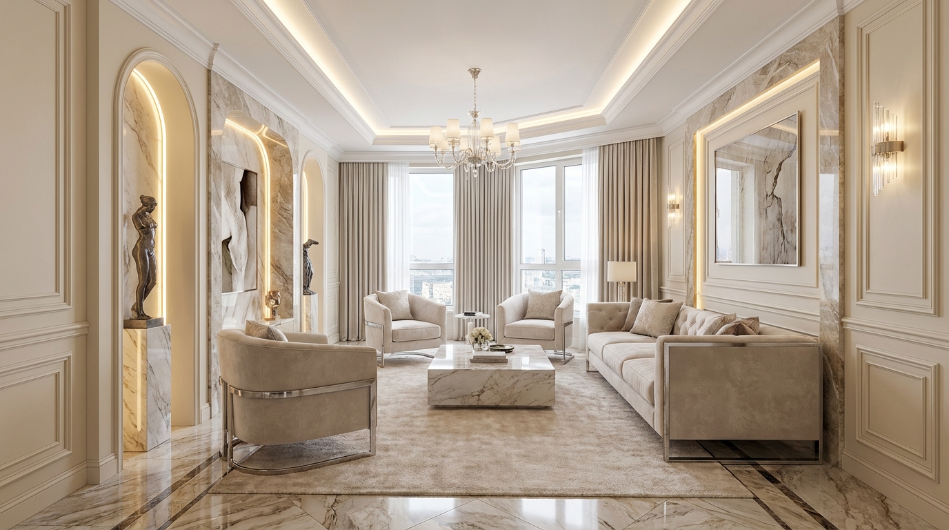 Дизайн гостиной в стиле Классика — фото интерьера от нейросети RoomGPT