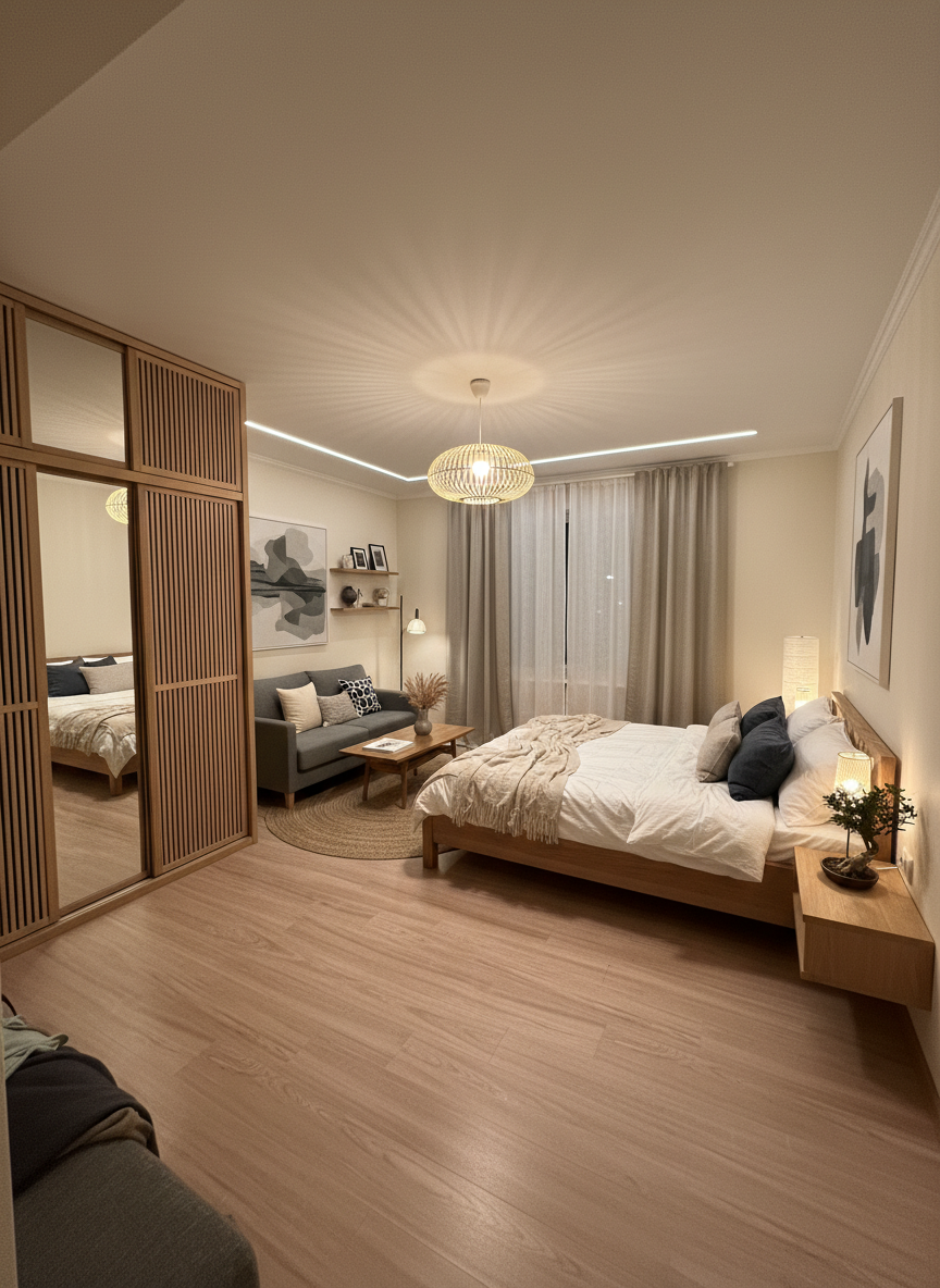 Дизайн гостиной в стиле Japandi — фото интерьера от нейросети RoomGPT