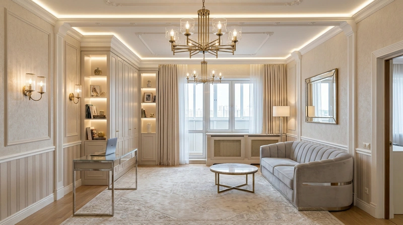 Дизайн гостиной в стиле Неоклассика — фото интерьера от нейросети RoomGPT