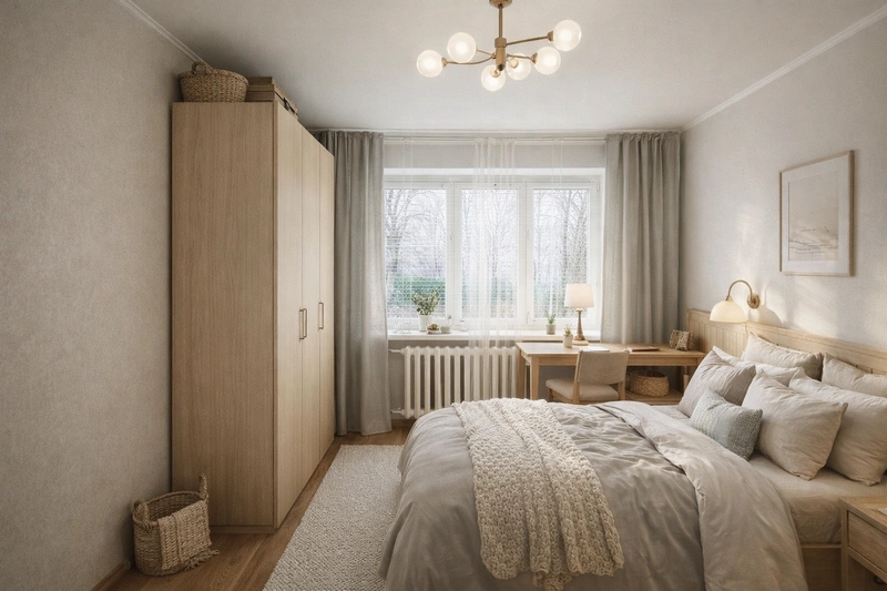 Дизайн спальни в стиле Хюгге — фото интерьера от нейросети RoomGPT