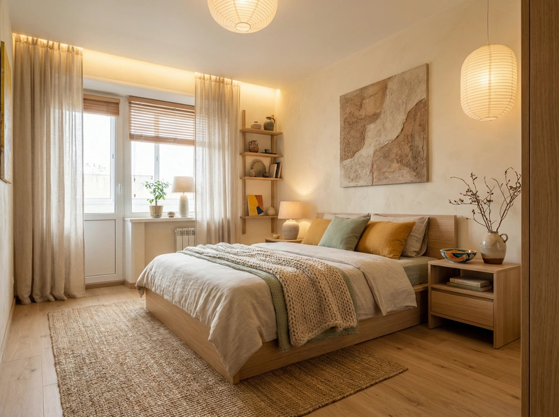 Дизайн спальни в стиле Japandi — фото интерьера от нейросети RoomGPT