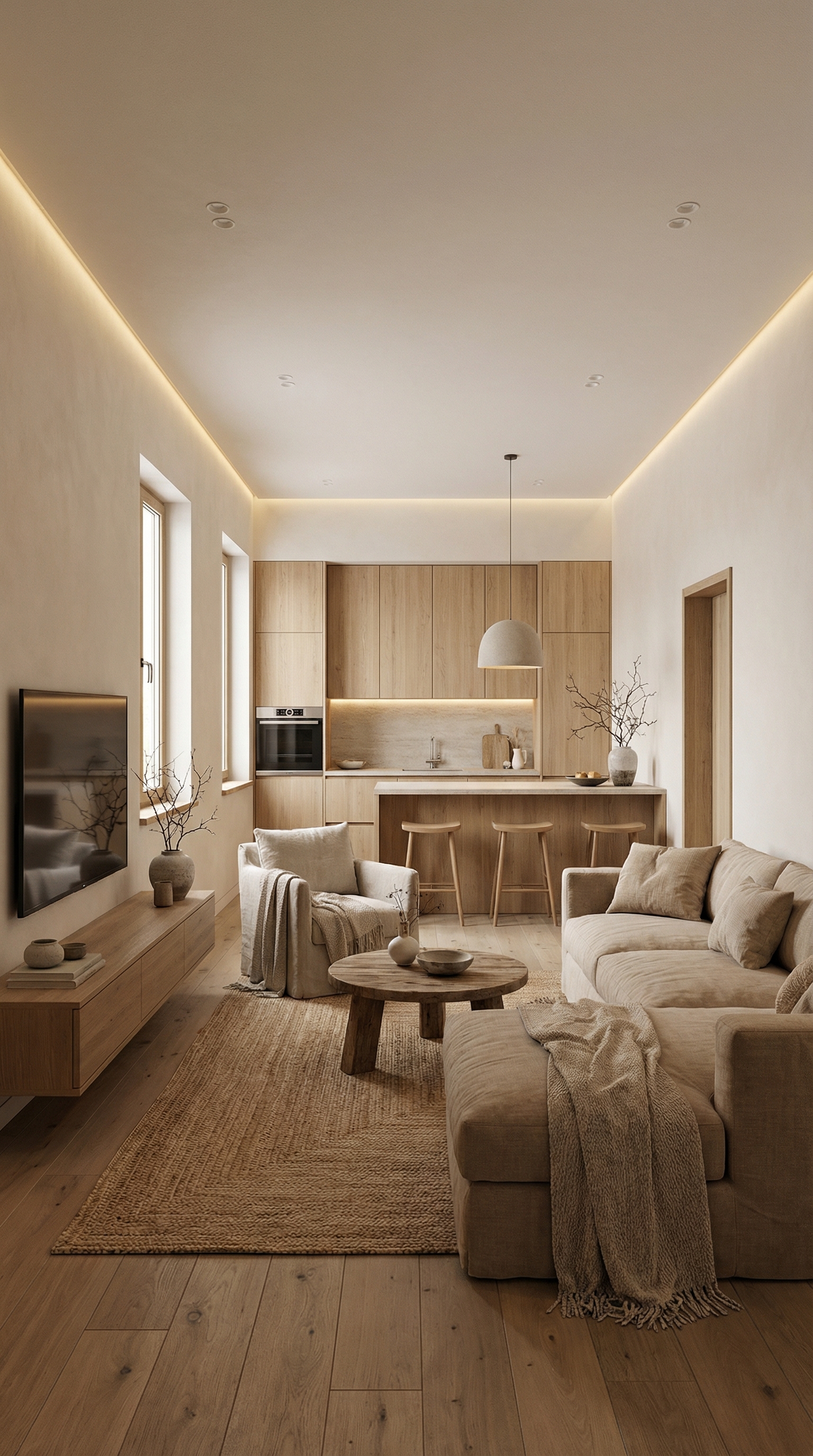 Дизайн гостиной в стиле Japandi — фото интерьера от нейросети RoomGPT