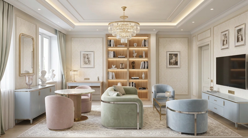 Дизайн интерьера в стиле Неоклассика — Гостиная от нейросети RoomGPT