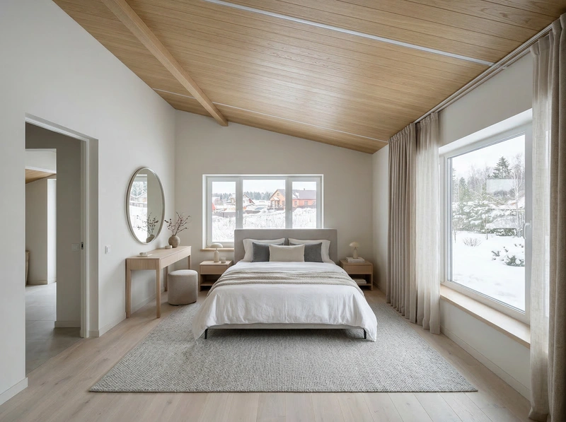 Дизайн спальни в стиле Сканди — фото интерьера от нейросети RoomGPT