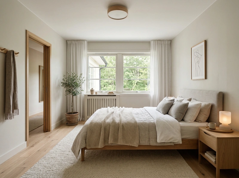 Дизайн спальни в стиле Хюгге — фото интерьера от нейросети RoomGPT