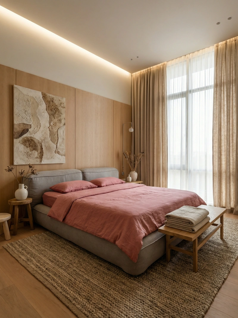 Дизайн спальни в стиле Japandi — фото интерьера от нейросети RoomGPT