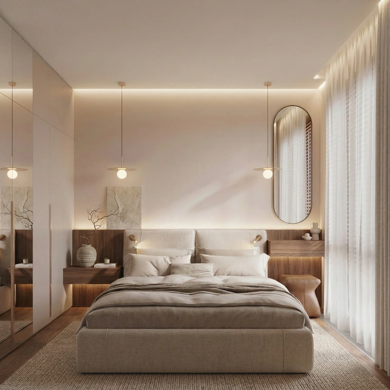 Дизайн спальни в стиле Japandi — фото интерьера от нейросети RoomGPT