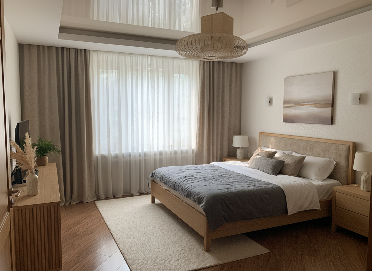 Дизайн спальни в стиле Japandi — фото интерьера от нейросети RoomGPT