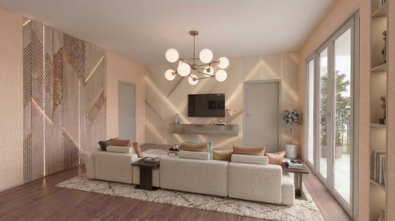 Дизайн интерьера в стиле Контемпорари — Гостиная от нейросети RoomGPT